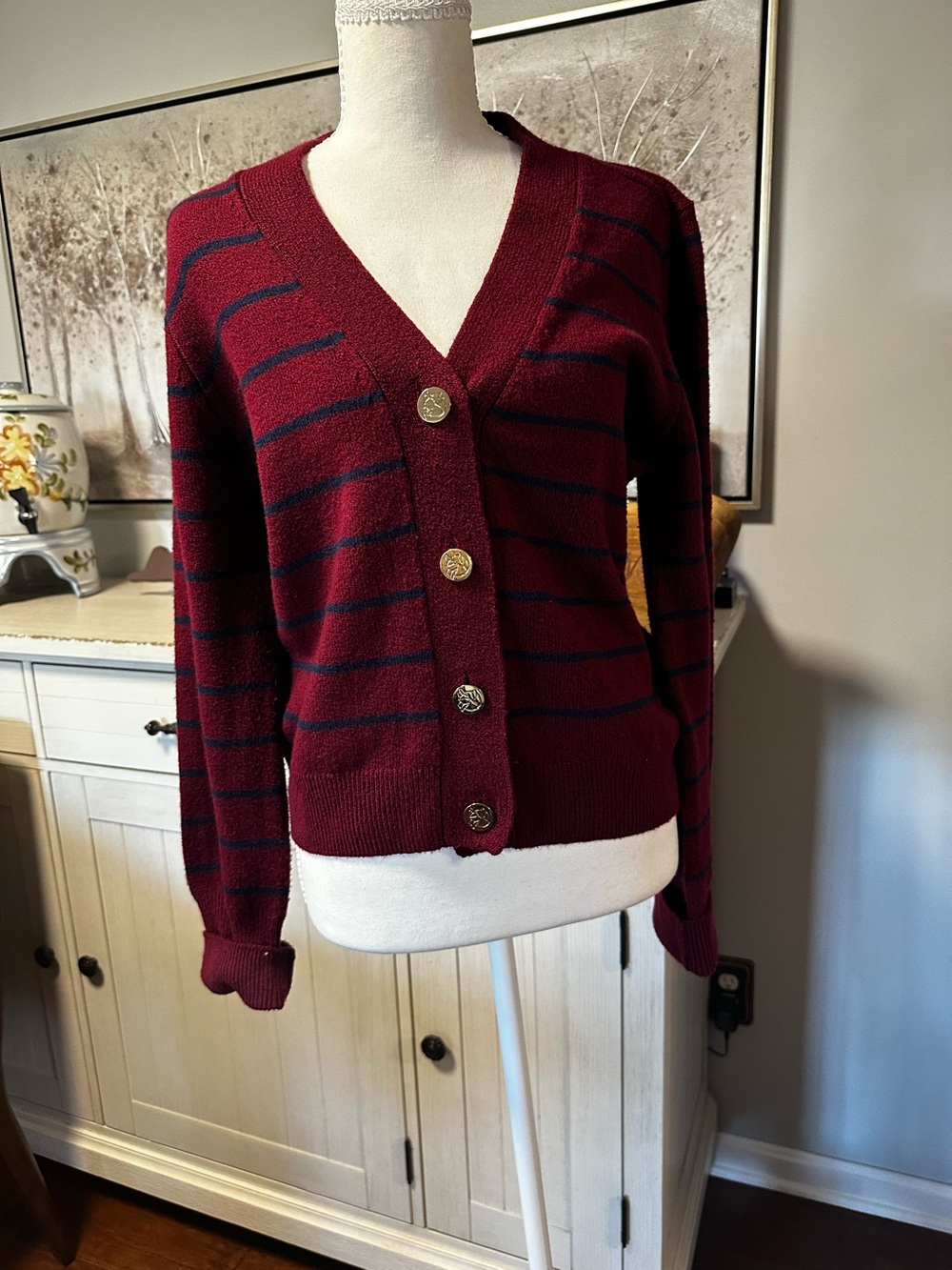 Draper James Women's Burgundy Striped V-Neck Cardigan Sweater